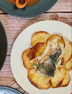 MAIN BRANZINO IN CROSTA DI PATATE Potato crusted Seabass filets flavored with Sardinian herbs (Mirto,tyme,Rosemary)